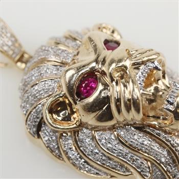 1.91cts TW Diamond 10kt Gold Ruby Lion Head Pendant-Evaluated By Our Certified Gemologist-AGS/GIA