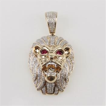 1.91cts TW Diamond 10kt Gold Ruby Lion Head Pendant-Evaluated By Our Certified Gemologist-AGS/GIA