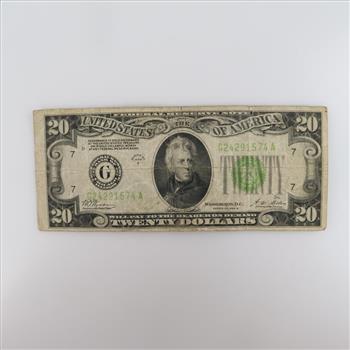 1928-B Federal Reserve Note Twenty Dollars Large Twenty Small Portrait Light Green Seal