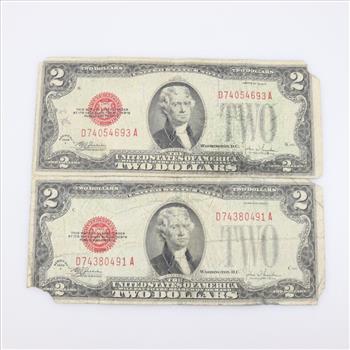 1928-F US Note Red Seal 2 Dollar Bill, 2 Pieces