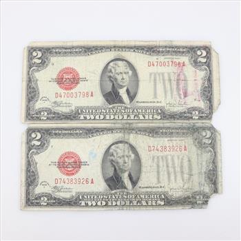1928-F US Note Red Seal 2 Dollar Bill, 2 Pieces