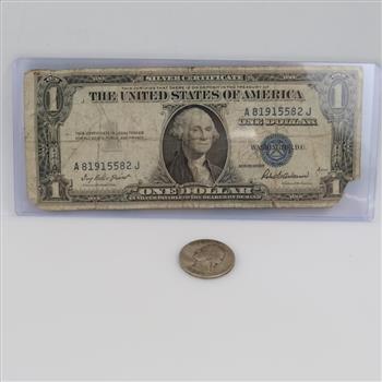 1935-F US Silver Certificate One Dollar & 1936 US Silver Quarter, 2 Pieces