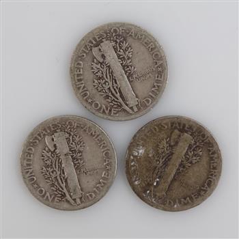 1936 & 1937 US Mercury Silver Dimes, 3 Pieces