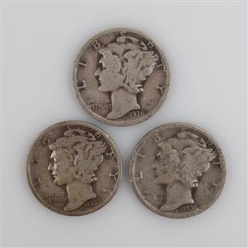 1936 & 1937 US Mercury Silver Dimes, 3 Pieces
