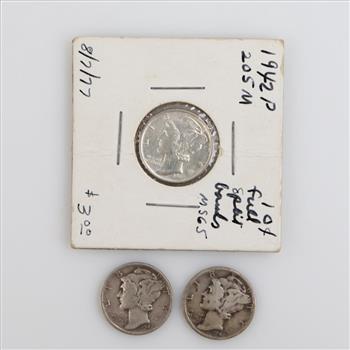 1942 & 1942D US Mercury Silver Dimes, 3 Pieces