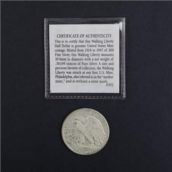 1942  Walking Liberty Silver Half Dollar - With COA