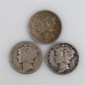 1945 & 1945D US Mercury Silver Dimes, 3 Pieces