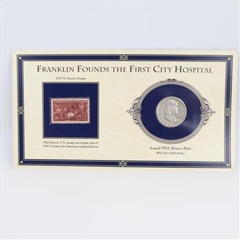 1952-D Franklin Silver Half Dollar W/ 1947-3 Cent Stamp Set: The 1st City Hospital