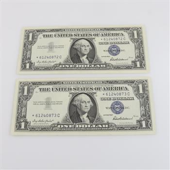 1957 US Silver Certificate One Dollar Star Note Sequential, 2 Pieces