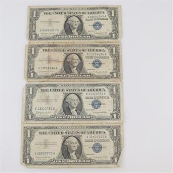 1957-B US One Dollar Silver Certificate; 4 Pieces
