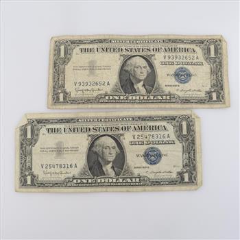 1957-B  US Silver Certificate 1 Dollar Bill, 2 Pieces