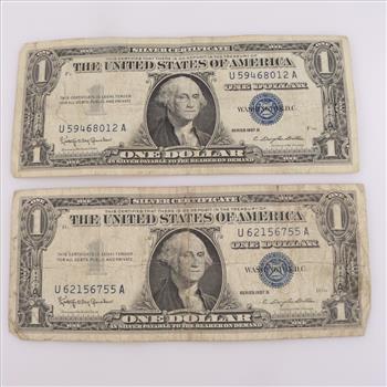 1957-B US Silver Certificate One Dollar, 2 Pieces