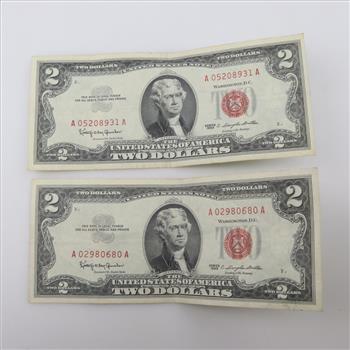 1963 Two Dollars US Note Red Seal, 2 Pieces