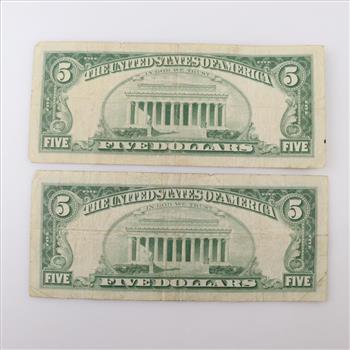 1963 US Note Red Seal 5 Dollar Bill; 2 Pieces