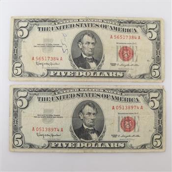 1963 US Note Red Seal 5 Dollar Bill; 2 Pieces