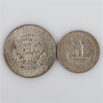 1963-D US Washington Silver Quarter And 1964-D Kennedy Silver Half Dollar, 2 Pieces