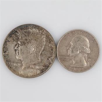 1963-D US Washington Silver Quarter And 1964-D Kennedy Silver Half Dollar, 2 Pieces