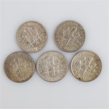 1964 & 1964D US Silver Roosevelt Dime, 5 Pieces