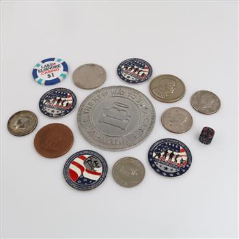 1969 US Kennedy Silver Clad Half Dollar With Tokens And Game Pieces, 14 Pieces