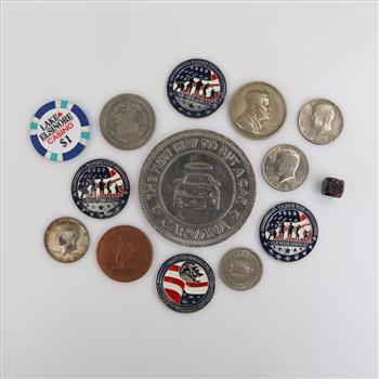 1969 US Kennedy Silver Clad Half Dollar With Tokens And Game Pieces, 14 Pieces