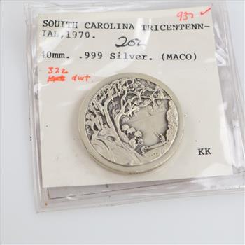 1970 South Carolina Tricentennial Fine Silver Commemorative Medal 2oz