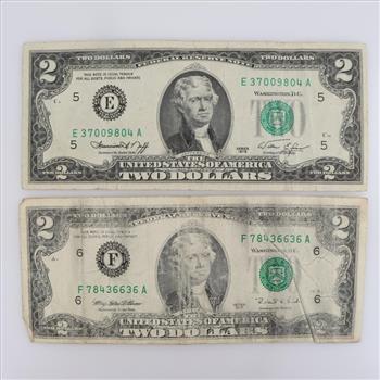 1976 & 1995 US Federal Reserve Note Two Dollars, 2 Pieces