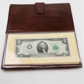 1976 US $2 Dollar Bicentennial Commemorative Bill With Statement Of Authenticity