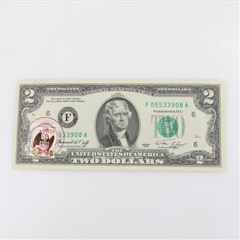 1976 US 2 Dollar Bill Federal Reserve Note 1st Day Of Issue Stamp