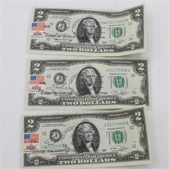 1976 US Bicentennial First Day Of Issue Frederal Reserve Note Sequential 2 Dollar Bills, 3 Pieces