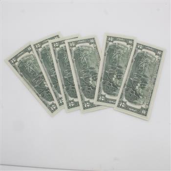 1976 US Federal Reserve Note Sequential 2 Dollar Bills, 6 Pieces