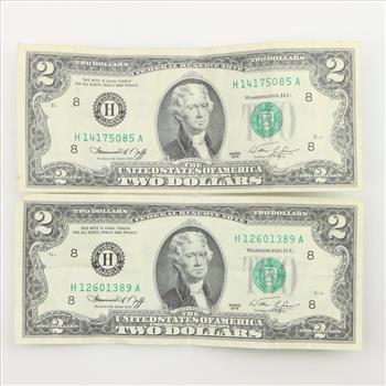 1976 US Two Dollars Federal Reserve Note, 2 Pieces