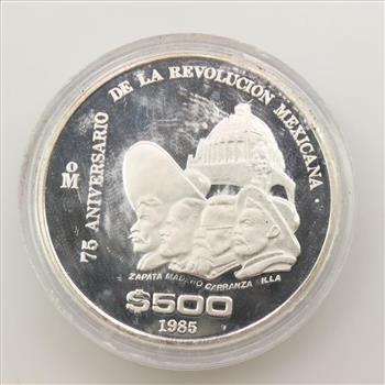 1985 Mexican 75th Anniversary Silver Proof 500 Pesos