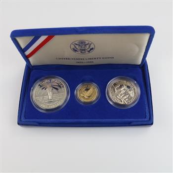 1986 3 Coin US Liberty Set With COA, Includes Silver & Gold Coin