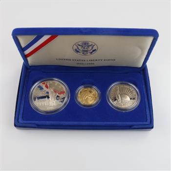 1986 3 Coin US Liberty Set With COA, Includes Silver & Gold Coin