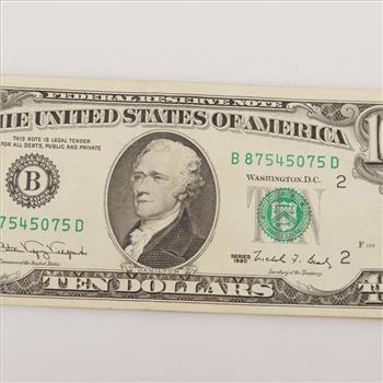 1990 Federal Reserve Note, 10 Dollar Bill