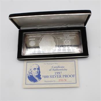 1997 The Washington Mint Franklin Quarter Pound Silver Proof Bar