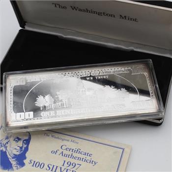 1997 The Washington Mint Franklin Quarter Pound Silver Proof Bar
