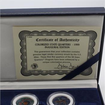 1999 Colorized Statehood Quarters, 5 Coins - Inaugural Edition With COA
