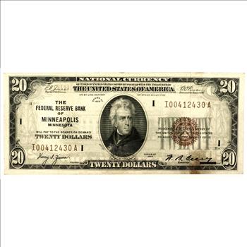 1929 The Federal Reserve Bank Of Minneapolis, Minnesota $20 National Currency Note