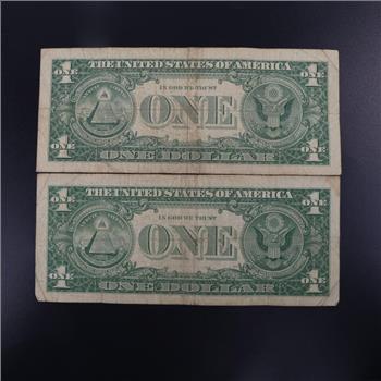 2 US 1957B Silver Certificate Consecutive Star Note 1 Dollar Bills