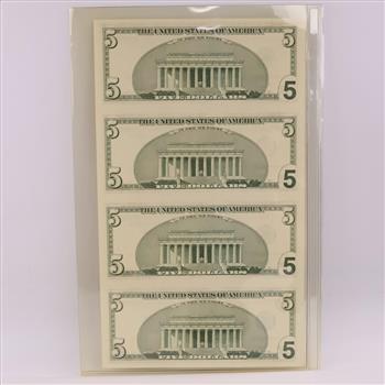 2003 US Federal Reserve Note Five Dollars UNCUT Sheet Of 4 Bills