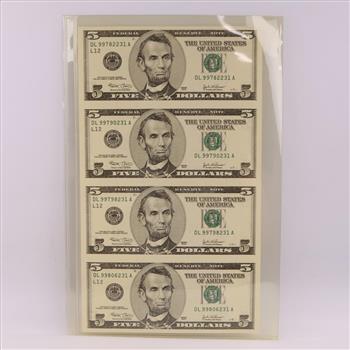 2003 US Federal Reserve Note Five Dollars UNCUT Sheet Of 4 Bills