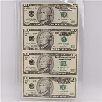 2003 US Federal Reserve Note Ten Dollars UNCUT Sheet Of 4 Bills
