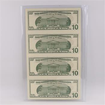 2003 US Federal Reserve Note Ten Dollars UNCUT Sheet Of 4 Bills