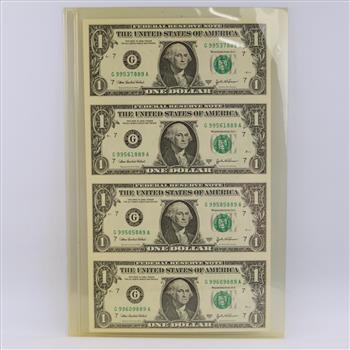 2003-A US Federal Reserve Note One Dollar UNCUT Sheet Of 4 Bills