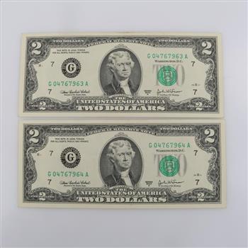 2003-A US Federal Reserve Note Two Dollars, 2 Pieces
