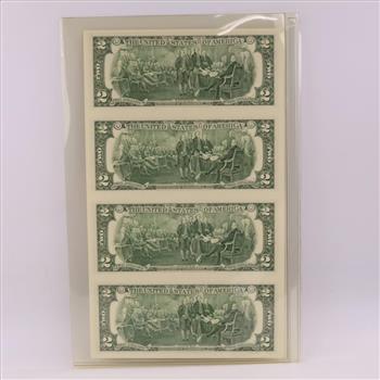 2003-A US Federal Reserve Note Two Dollars UNCUT Sheet Of 4 Bills