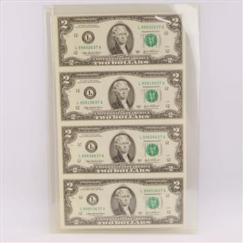 2003-A US Federal Reserve Note Two Dollars UNCUT Sheet Of 4 Bills