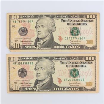 2004-A US Federal Reserve Note Ten Dollars, 2 Pieces