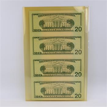 2004-A US Federal Reserve Note Twenty Dollars UNCUT Sheet Of 4 Bills